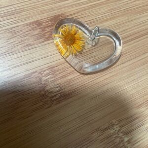 Heart-Shaped Clear Resin Keychain with Yellow Flower